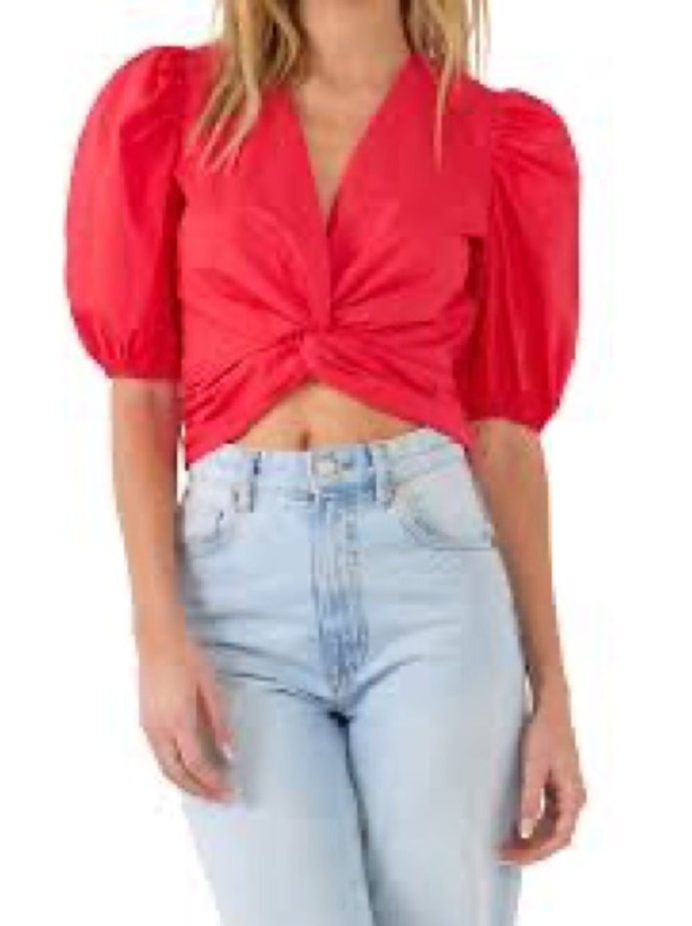 English Factory Red Puff-Sleeve Twist-Front Crop Top